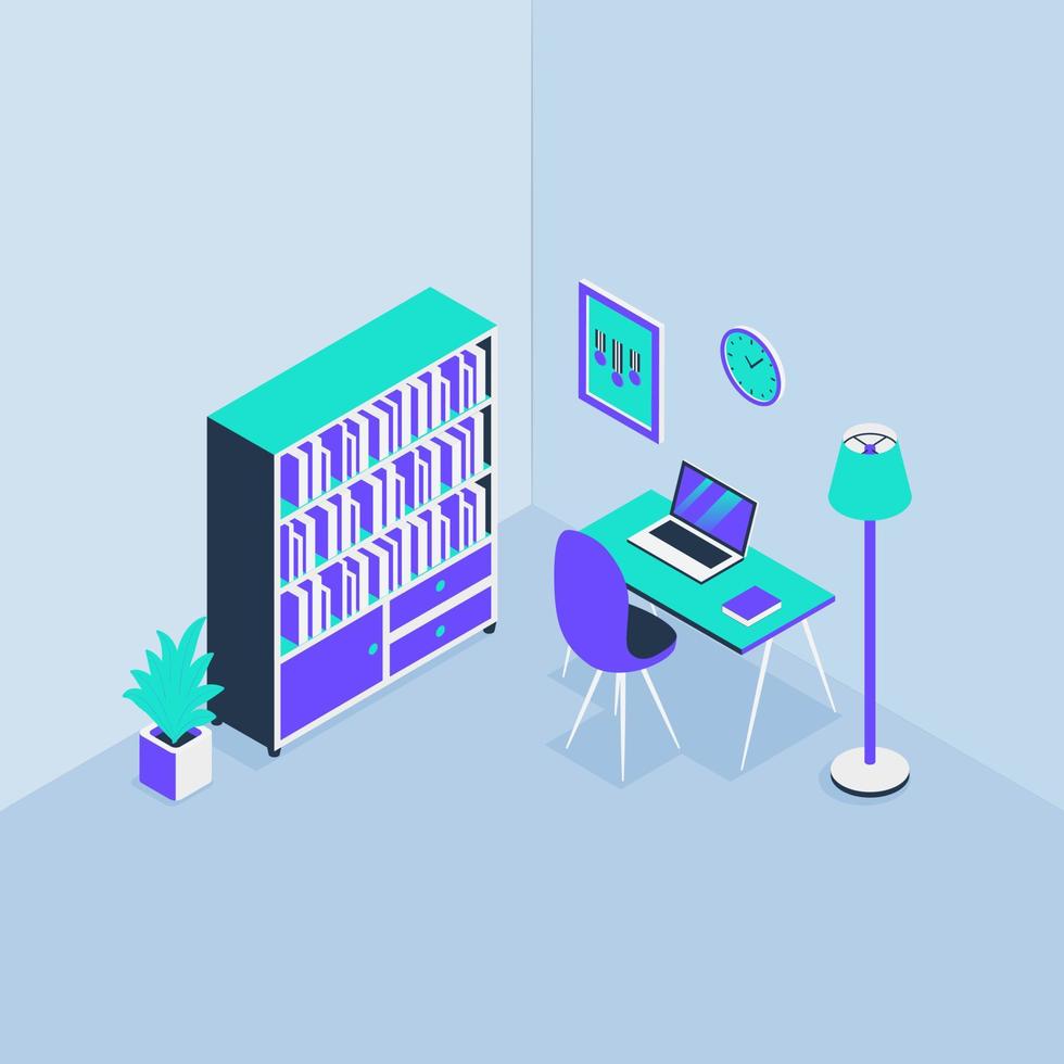 workspace for freelancer concept with table notebook laptop and bookshelf with modern isometric style vector