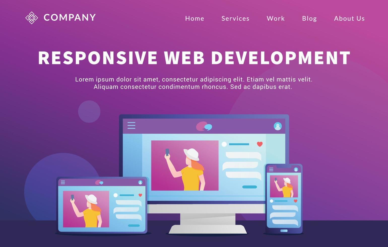 rwd responsive website development concept with various computer desktop screen and tablet smartphone for website template landing homepage vector