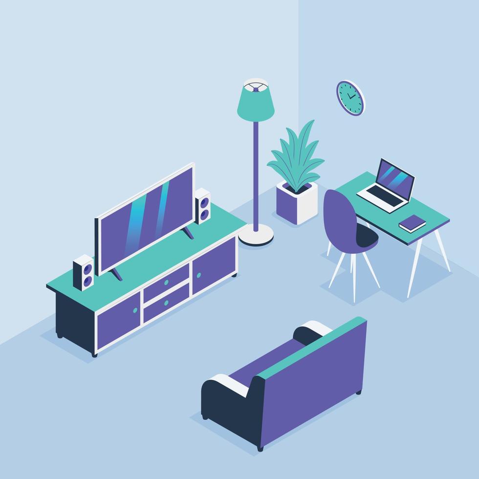 living room home office with sofa tv and workspace with isometric style vector