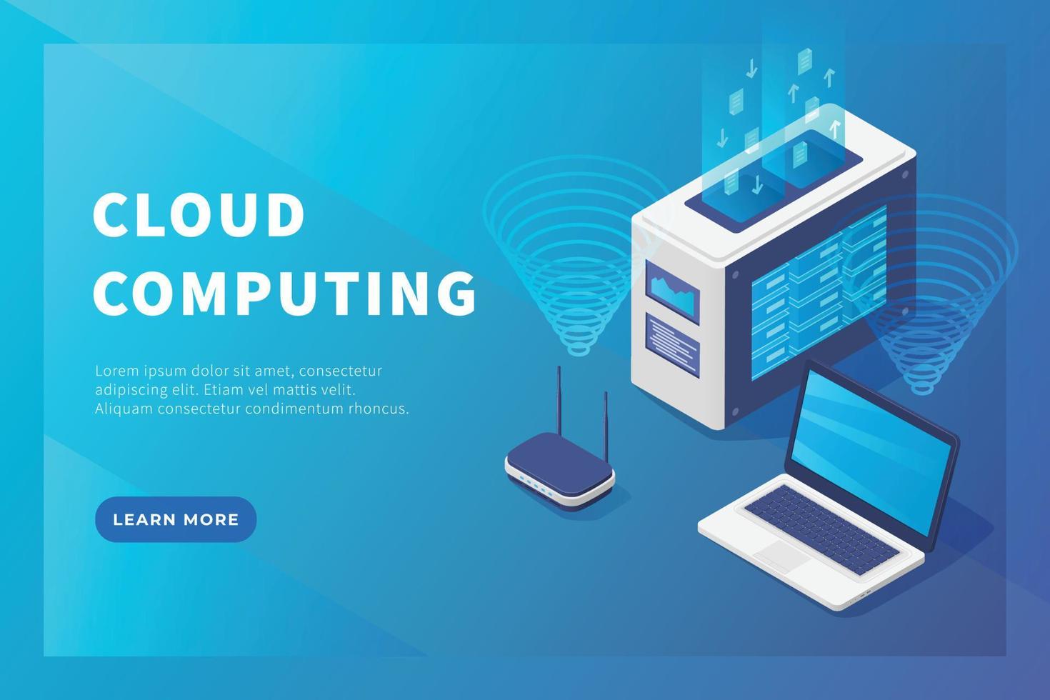 Base de datos de servidor de concepto de computación en la nube con computadora portátil y base de datos para plantilla de sitio web o página de inicio de aterrizaje vector