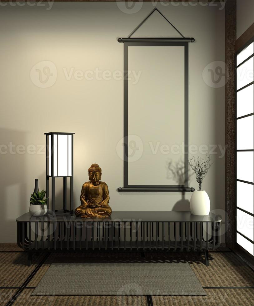 Mock up poster frame, Designed specifically in Japanese style, and decoration on cabinet. 3D rendering photo