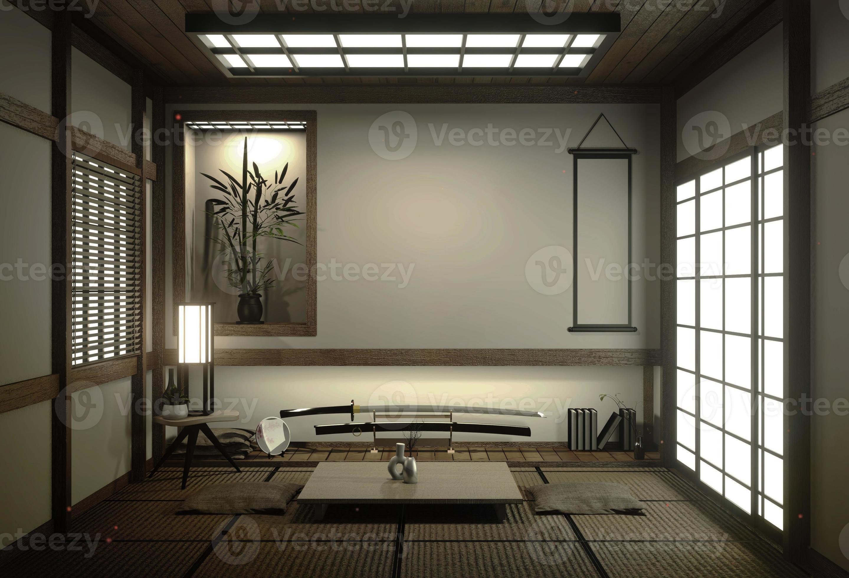 cabinet shelf wall on tatami mat floor room japanese style. 3D rendering  4589402 Stock Photo at Vecteezy