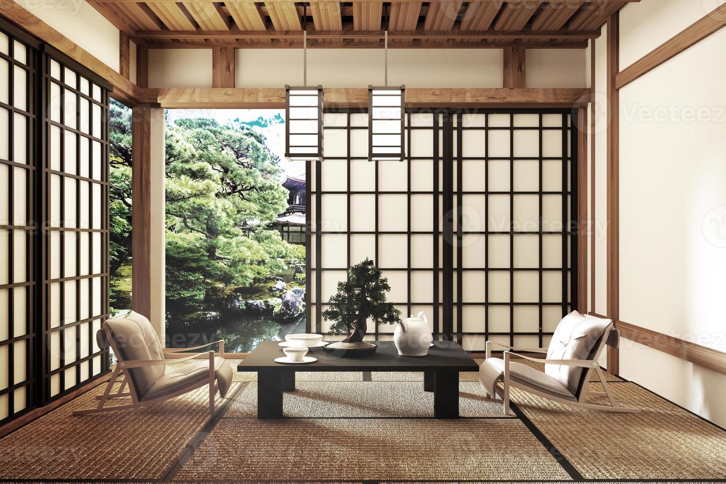 diseño de interiores, sala de estar moderna con sillas, lámpara, piso de tatami, estilo japonés, renderizado 3d foto