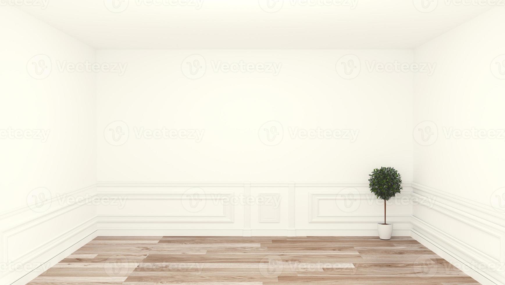 habitación vacía, sala limpia, piso de madera, fondo de pared blanca. Representación 3d foto