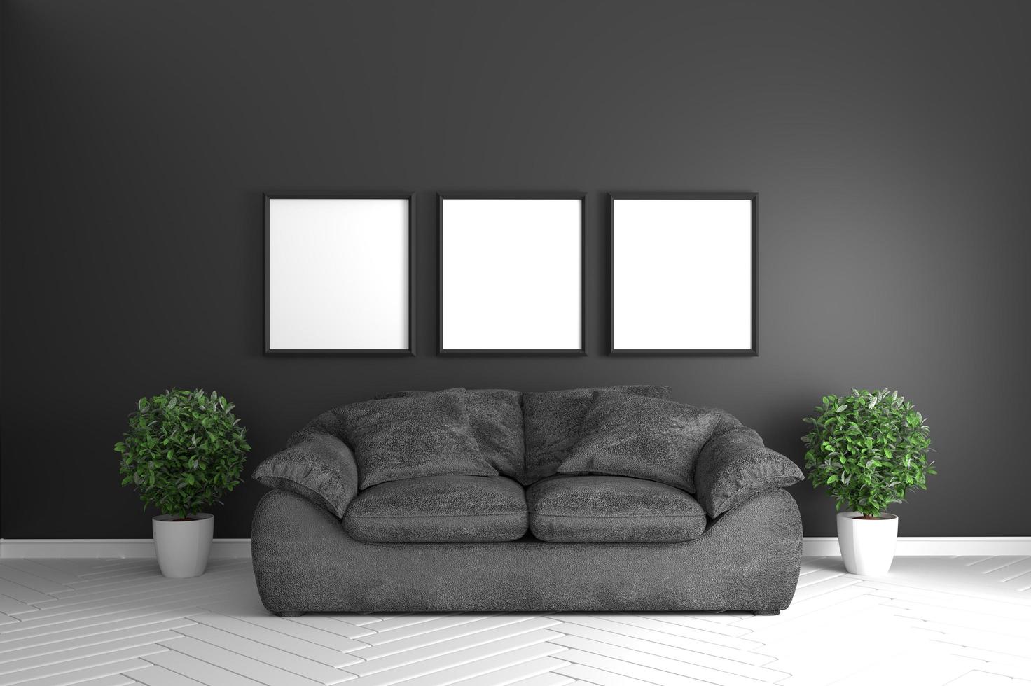 Black room interior - modern tropical style concept with black sofa and plants in white floor on black wall ground. 3d rendering photo
