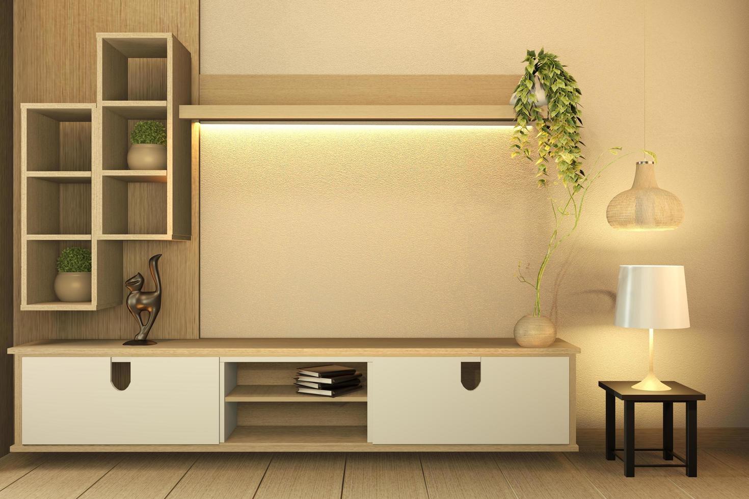 Mueble de televisión sobre suelo de madera blanca y pared blanca, interior minimalista y zen de la sala de estar de estilo japonés. Representación 3D foto