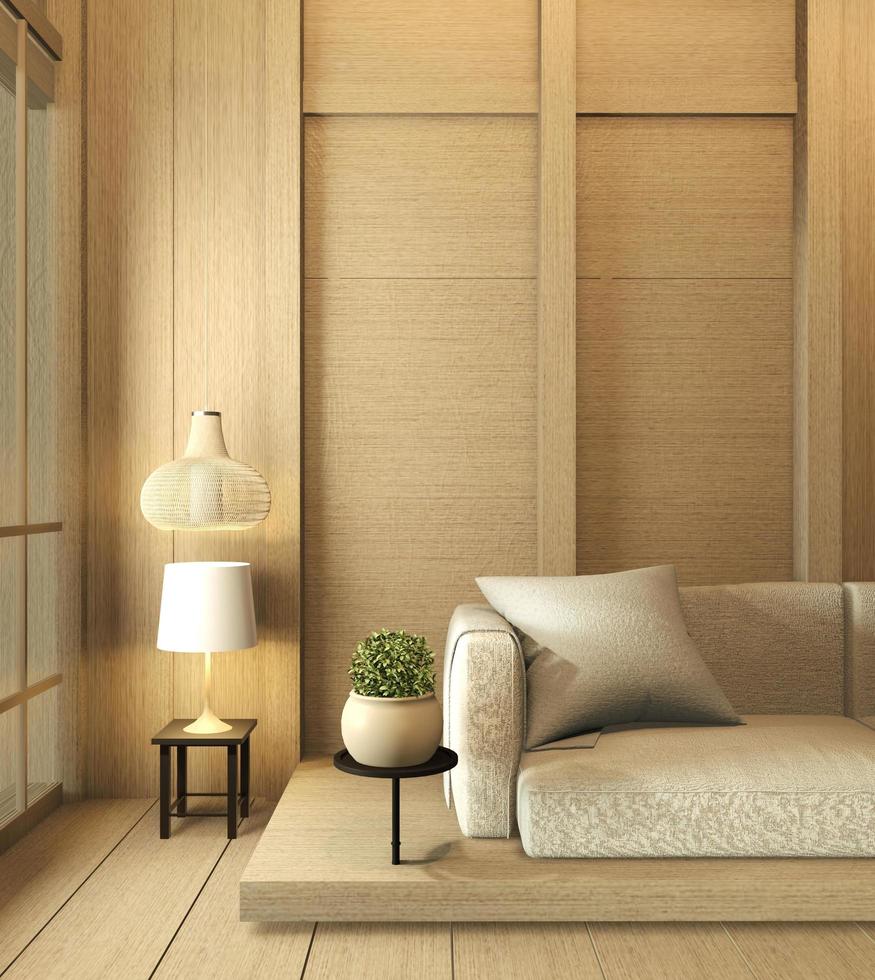 wall wooden interior design,zen modern living room Japanese style.3D rendering photo