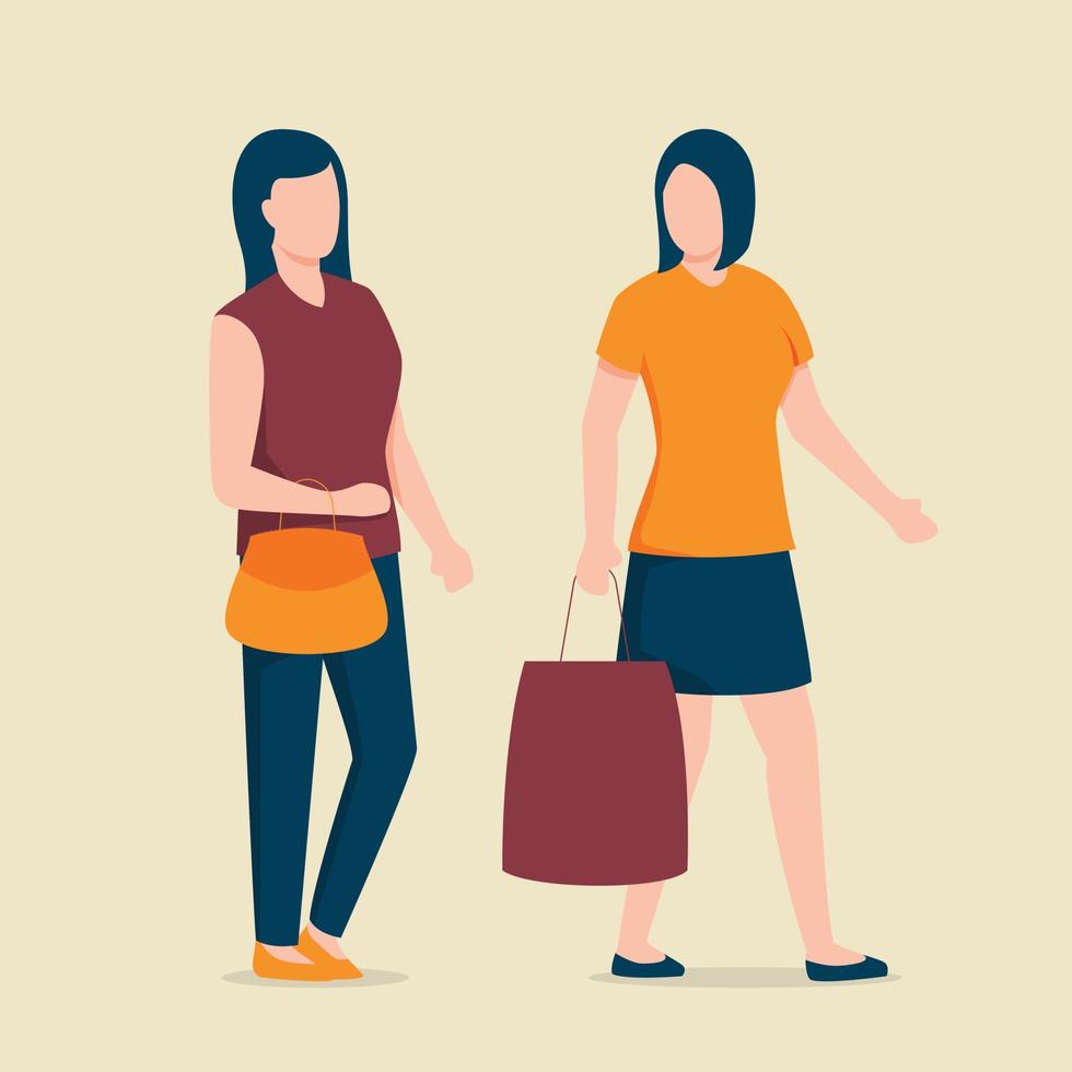 Dos mujeres de compras y caminando juntos con una bolsa de compras en la mano con estilo plano vector