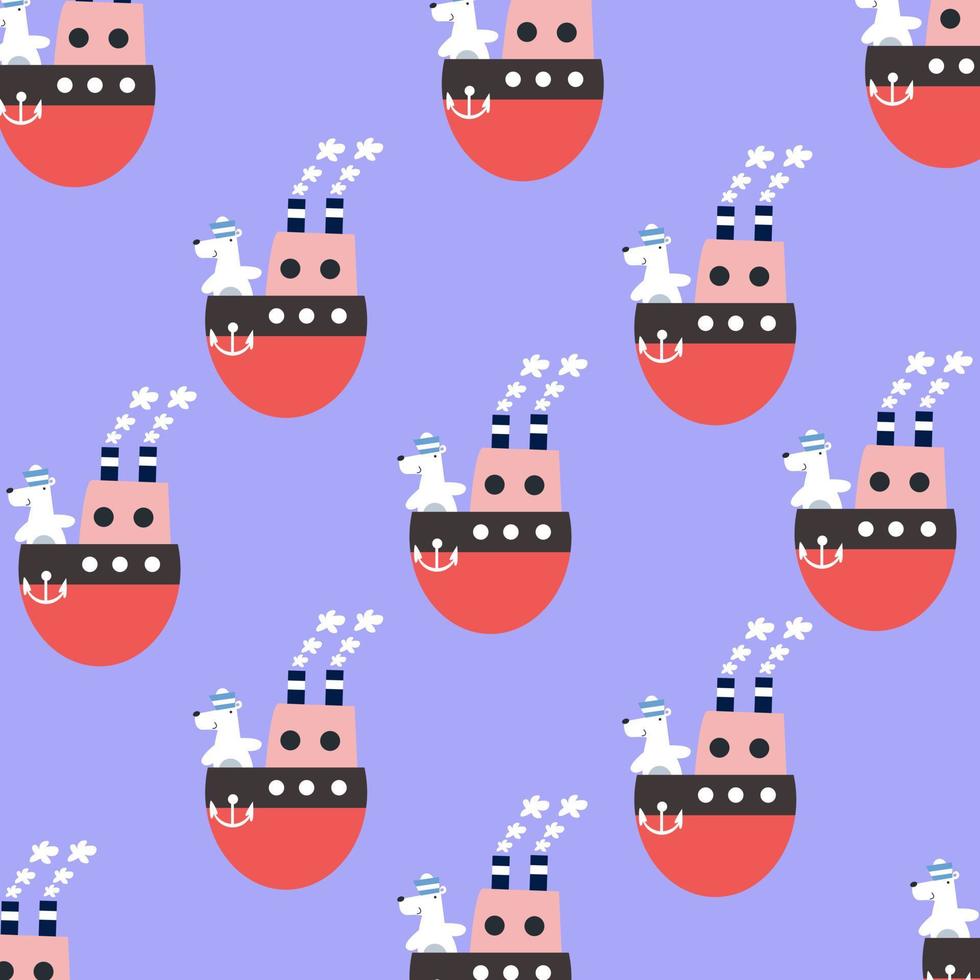 Cute ship and animal seamless pattern vector