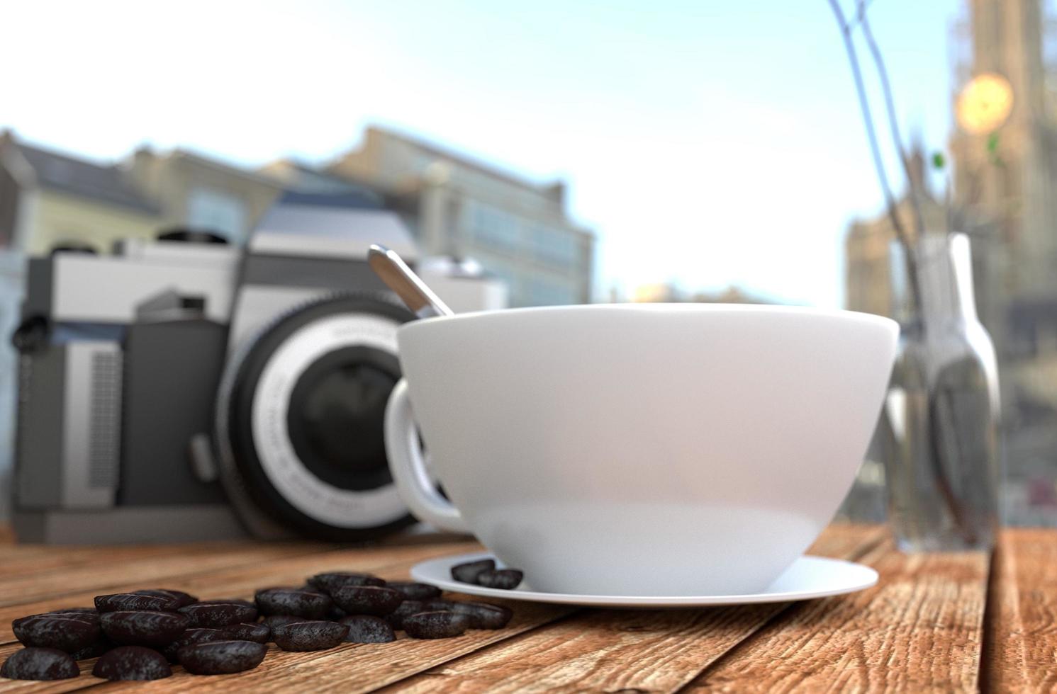 Coffee cup and Coffee bean, Camera and vase on wooden table. 3D rendering photo