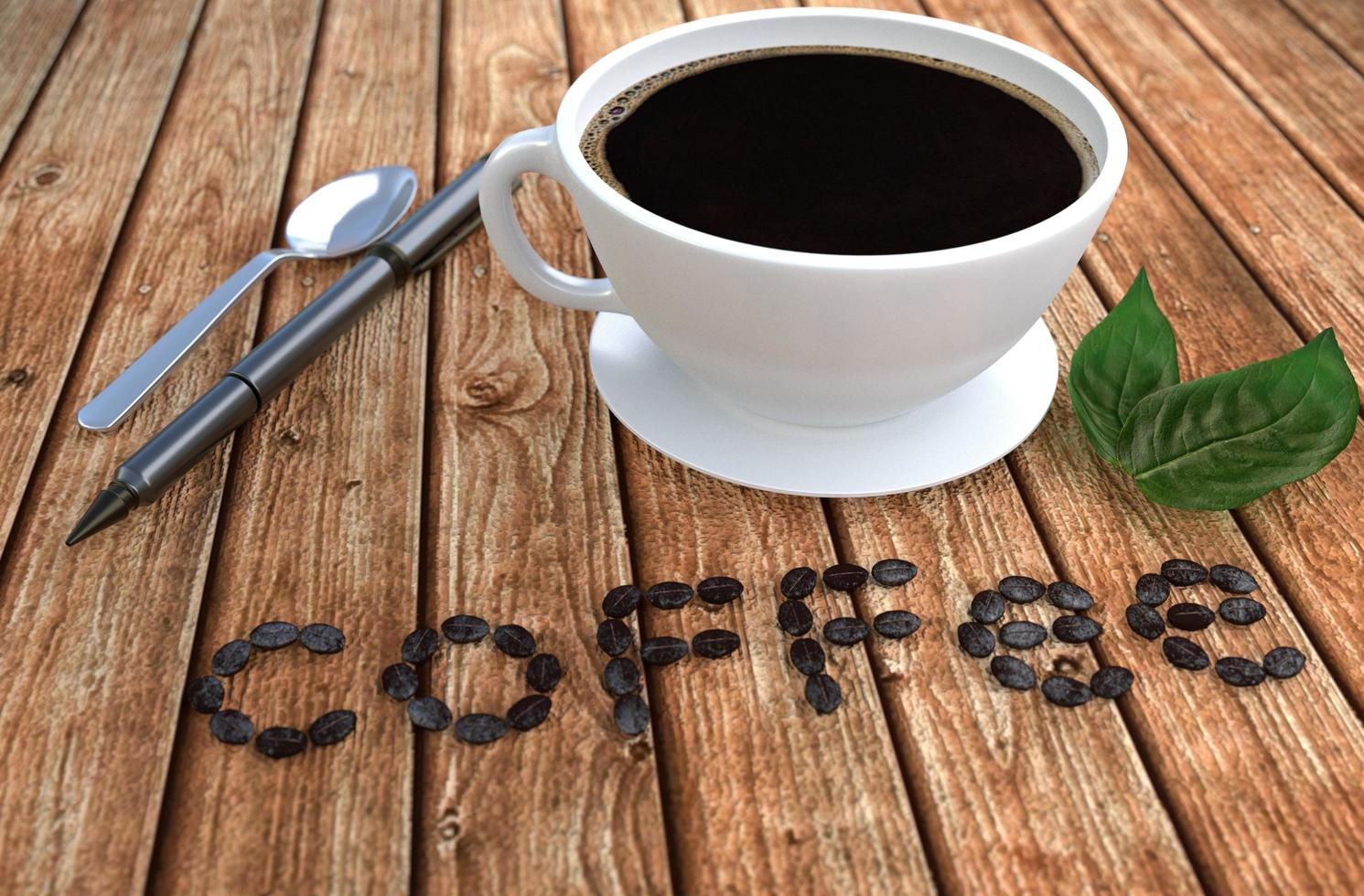 Coffee cup and Coffee beans, spoon and pen on table. 3D rendering photo