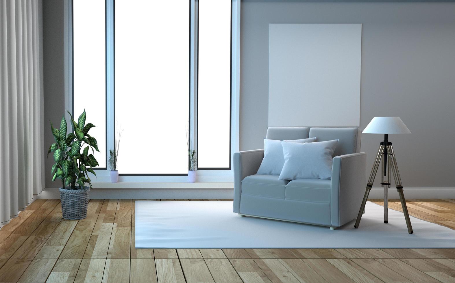 Living room with sofa have pillows, lamp with flowers on white wall background, 3D rendering photo