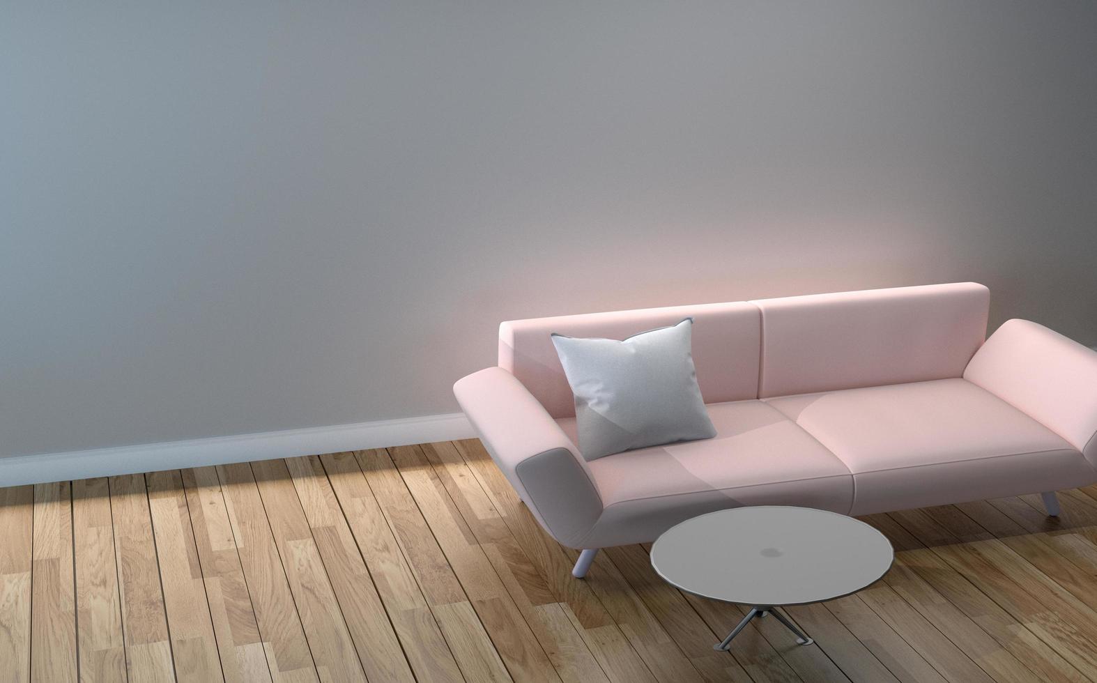 Diseño de sala de estar moderno: sofá rosa, almohada y mesa, piso de madera en una pared blanca vacía. Representación 3d foto