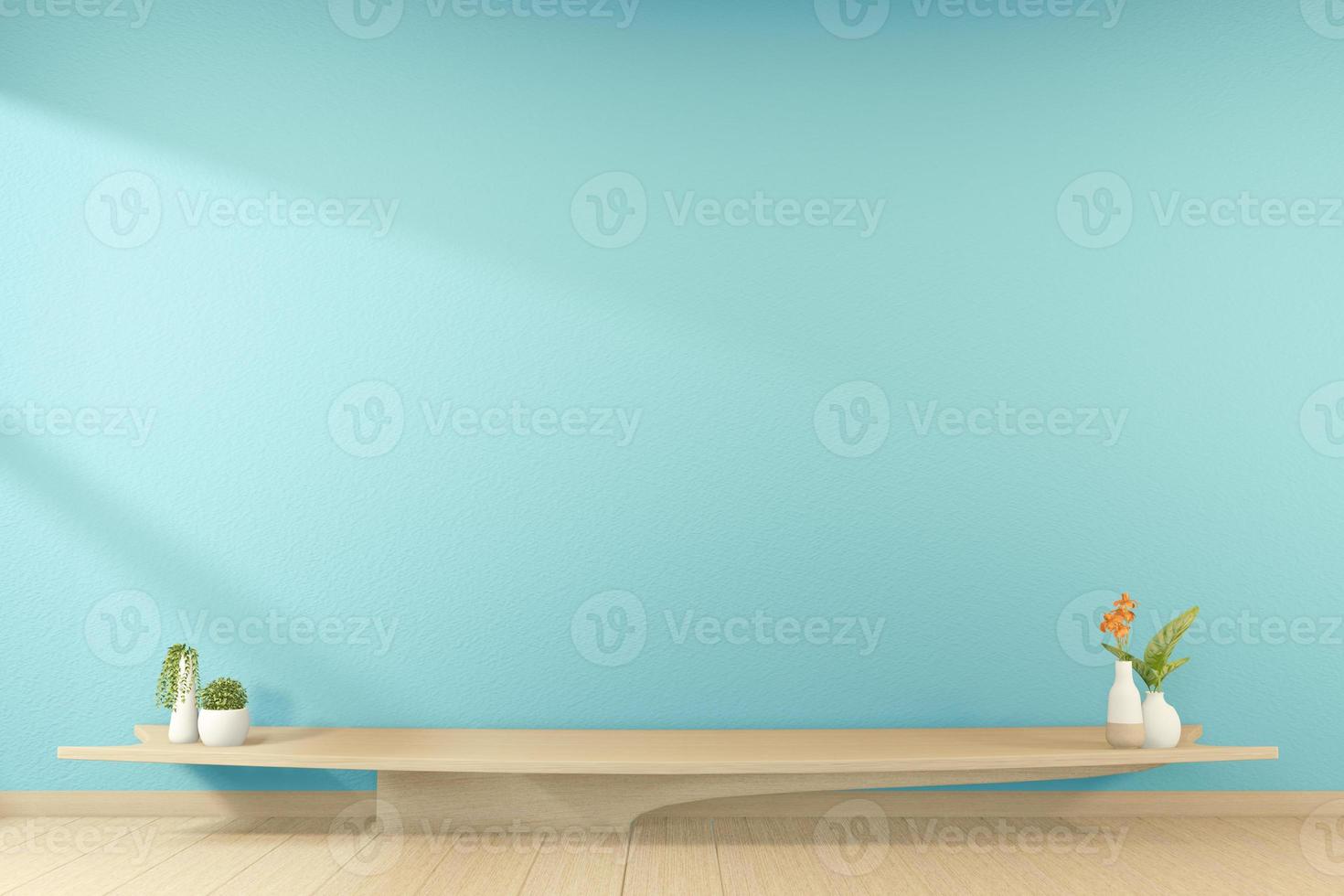 Mueble para tv en sala de menta tropical japonesa - estilo zen, diseños minimalistas. Representación 3d foto