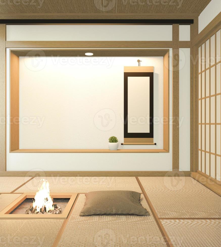 Nihon room design interior with door paper and cabinet shelf wall on tatami mat floor room japanese style. 3D rendering photo