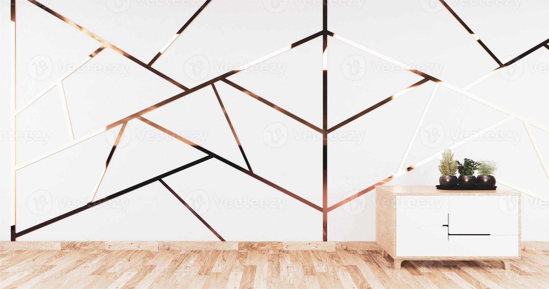 molduras de aluminio dorado en diseño de pared con diseño y piso de madera con diseño de gabinete de madera. foto