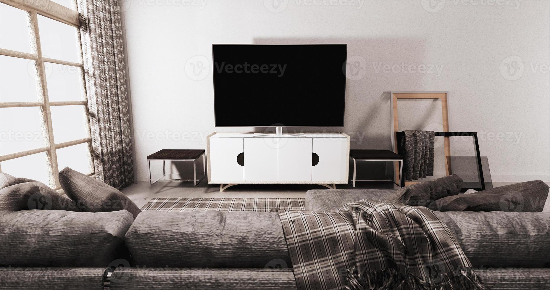 TV en el gabinete en la sala de estar moderna sobre fondo de pared blanca, representación 3d foto