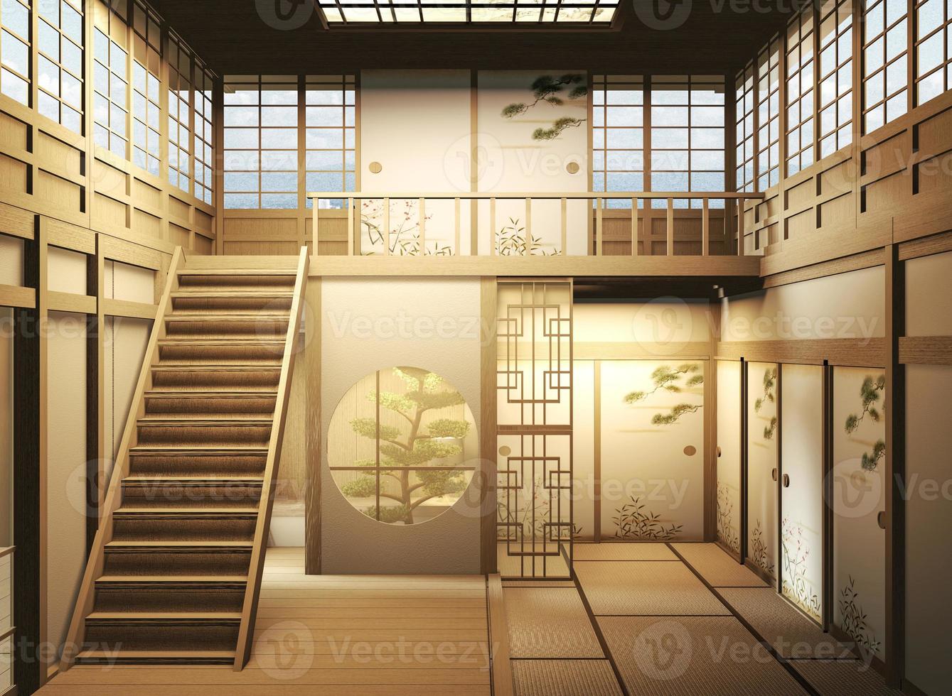 Diseño de interiores gran habitación de dos pisos estilo japón. Representación 3d foto