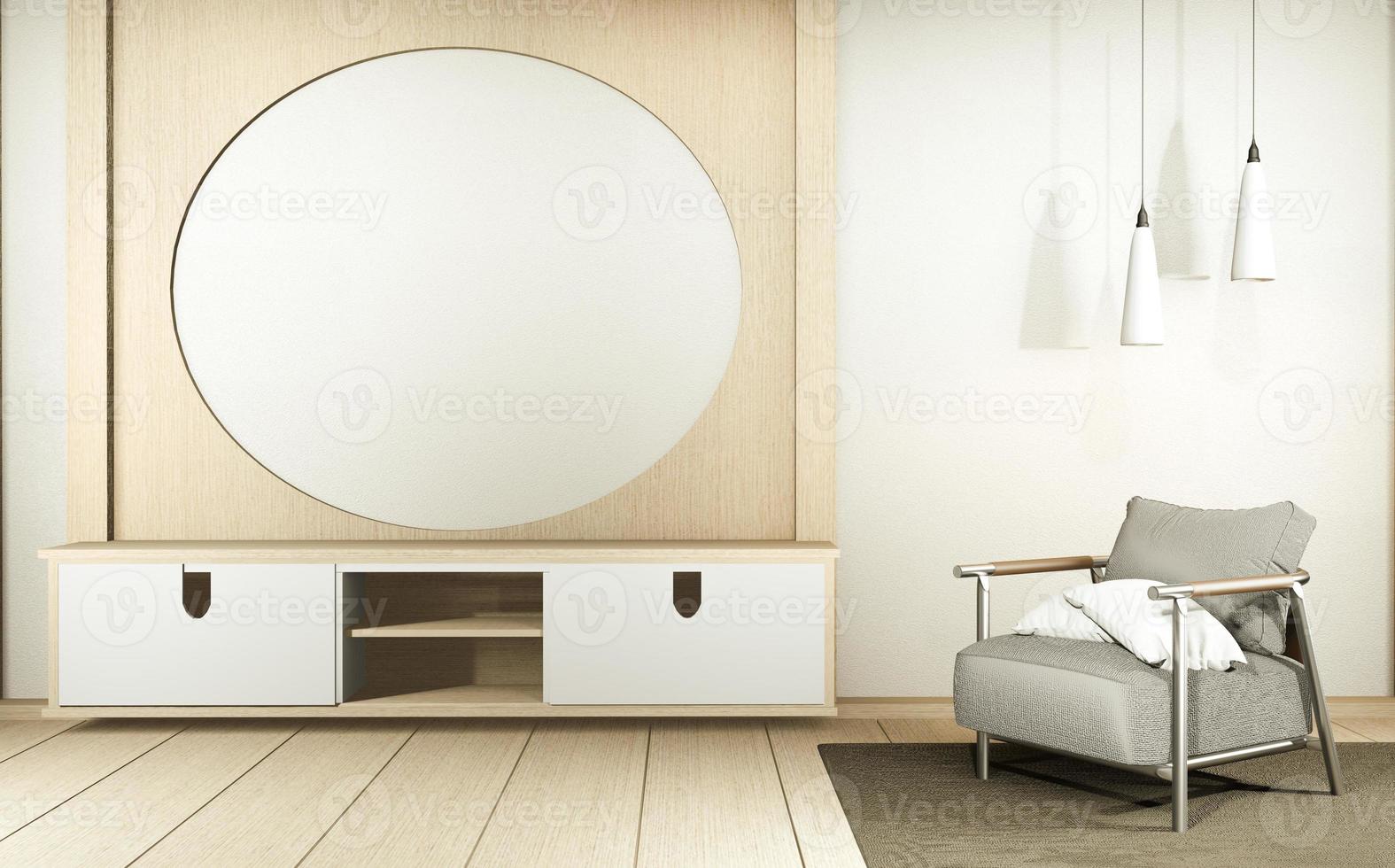 gabinete de tv en la habitación interior vacía blanca de estilo japonés, representación 3d foto