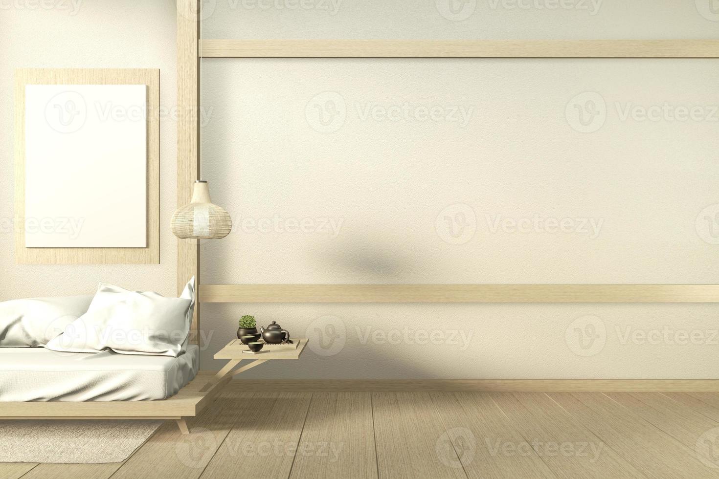 maqueta interior de diseño de sofá de madera de Japón, en la habitación piso de madera de Japón. Representación 3D foto