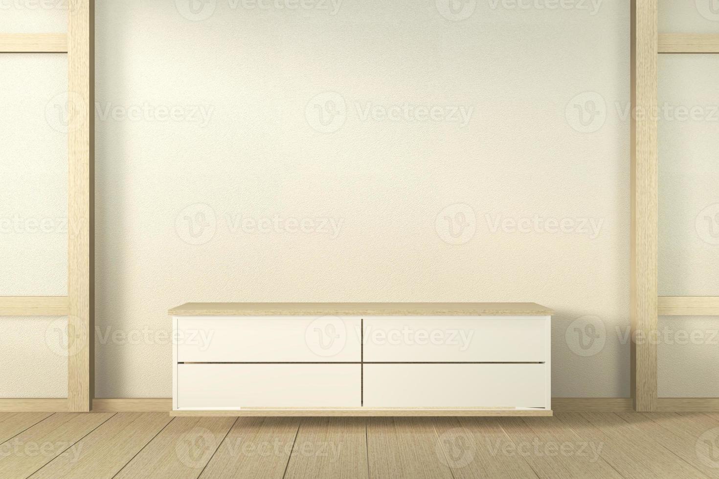 interior, gabinete de madera en la moderna sala de estar de estilo japonés sobre fondo de pared blanca, representación 3d foto