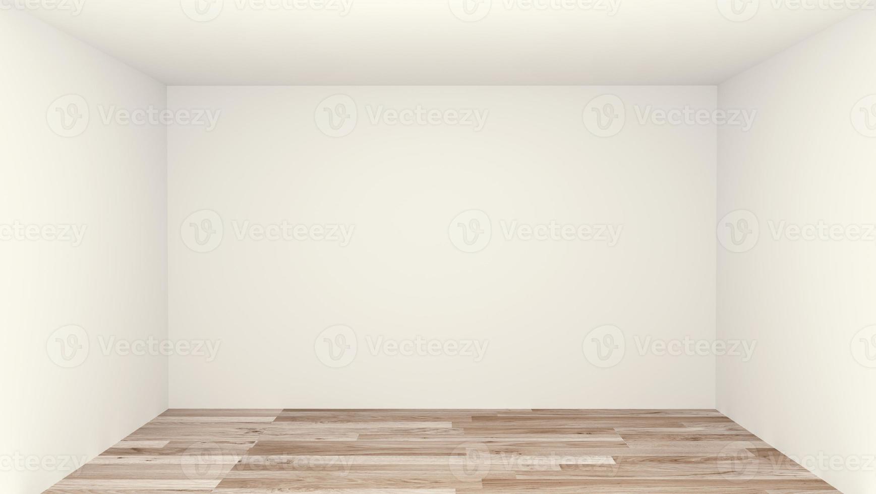 habitación vacía, sala limpia, piso de madera, fondo de pared blanca. Representación 3d foto