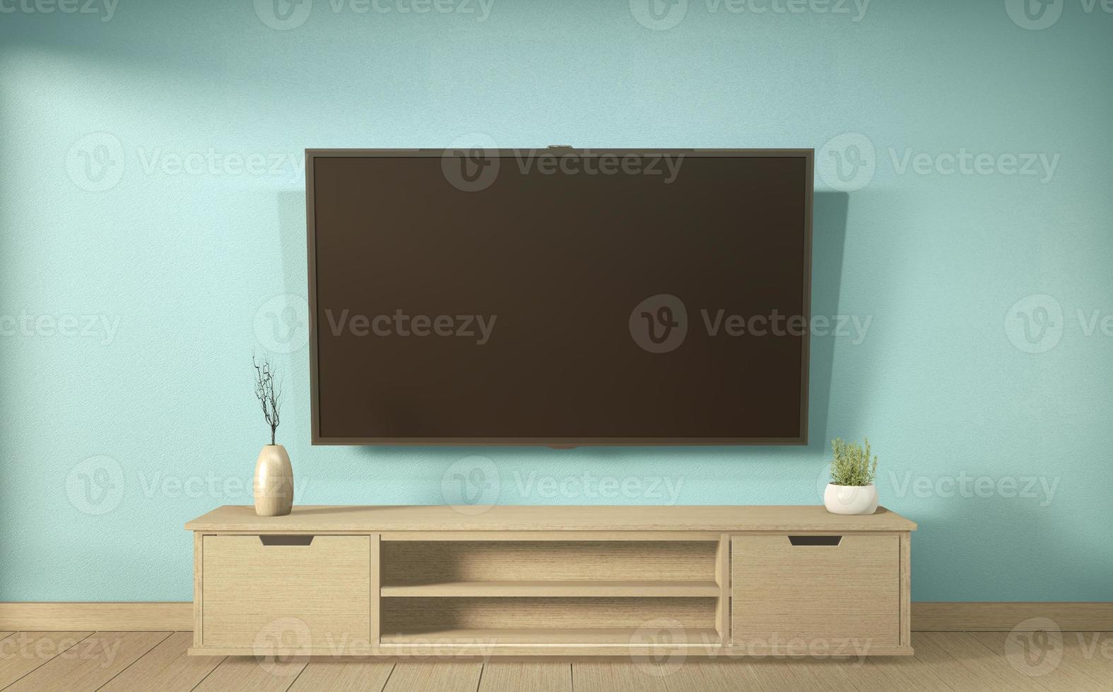 Estante de tv en sala de menta estilo tropical moderno - interior de habitación vacía - diseño minimalista. Representación 3d foto