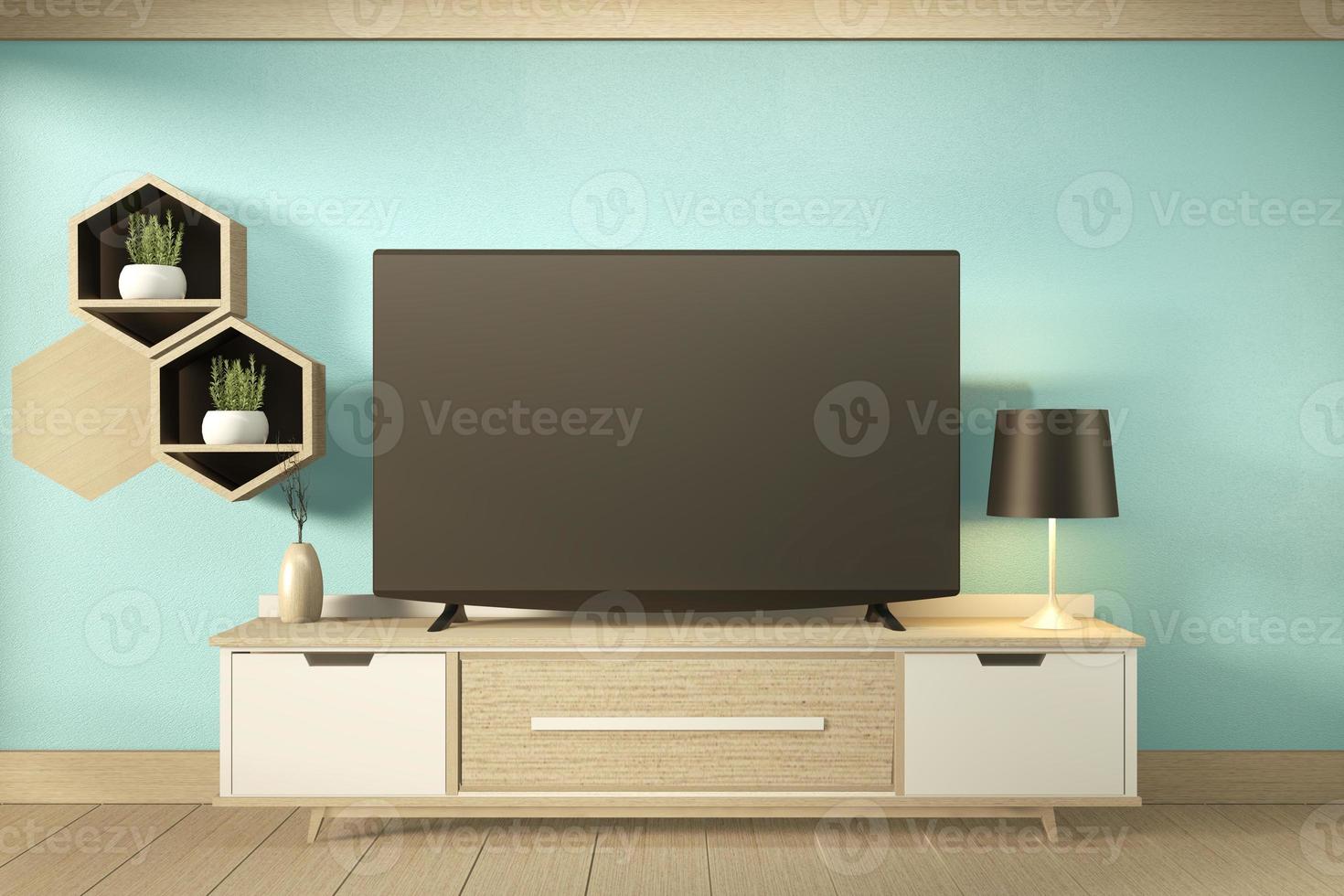 Estante de tv en sala de menta estilo tropical moderno - interior de habitación vacía - diseño minimalista. Representación 3d foto