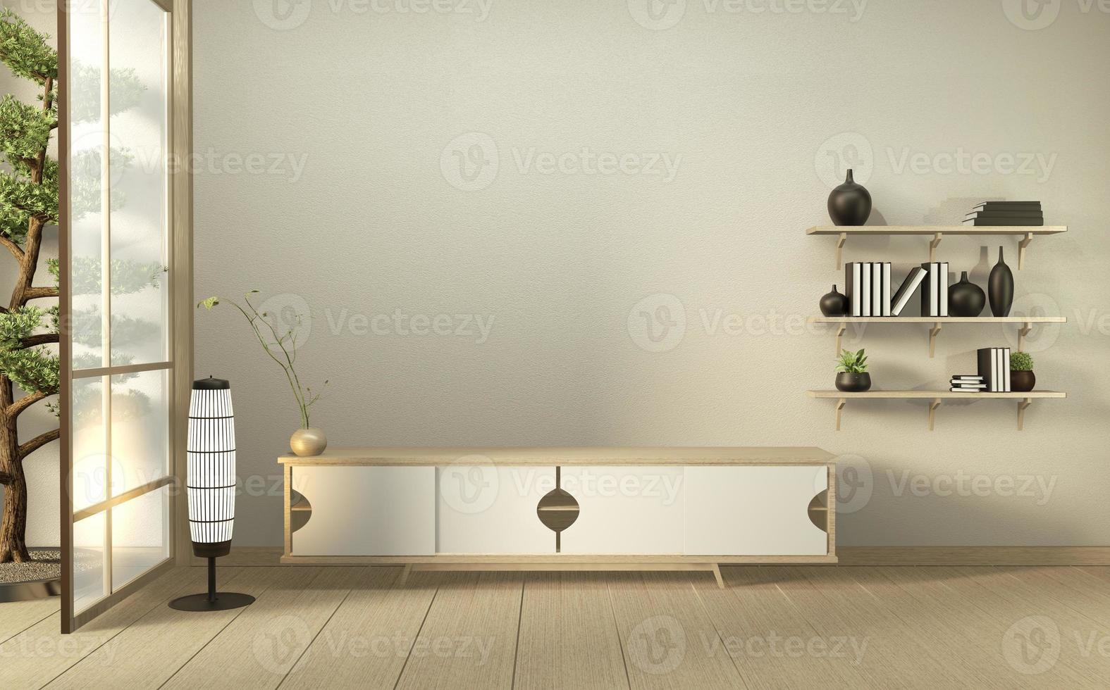Cabinet wooden in modern living room japan style on white wall background,3d rendering photo