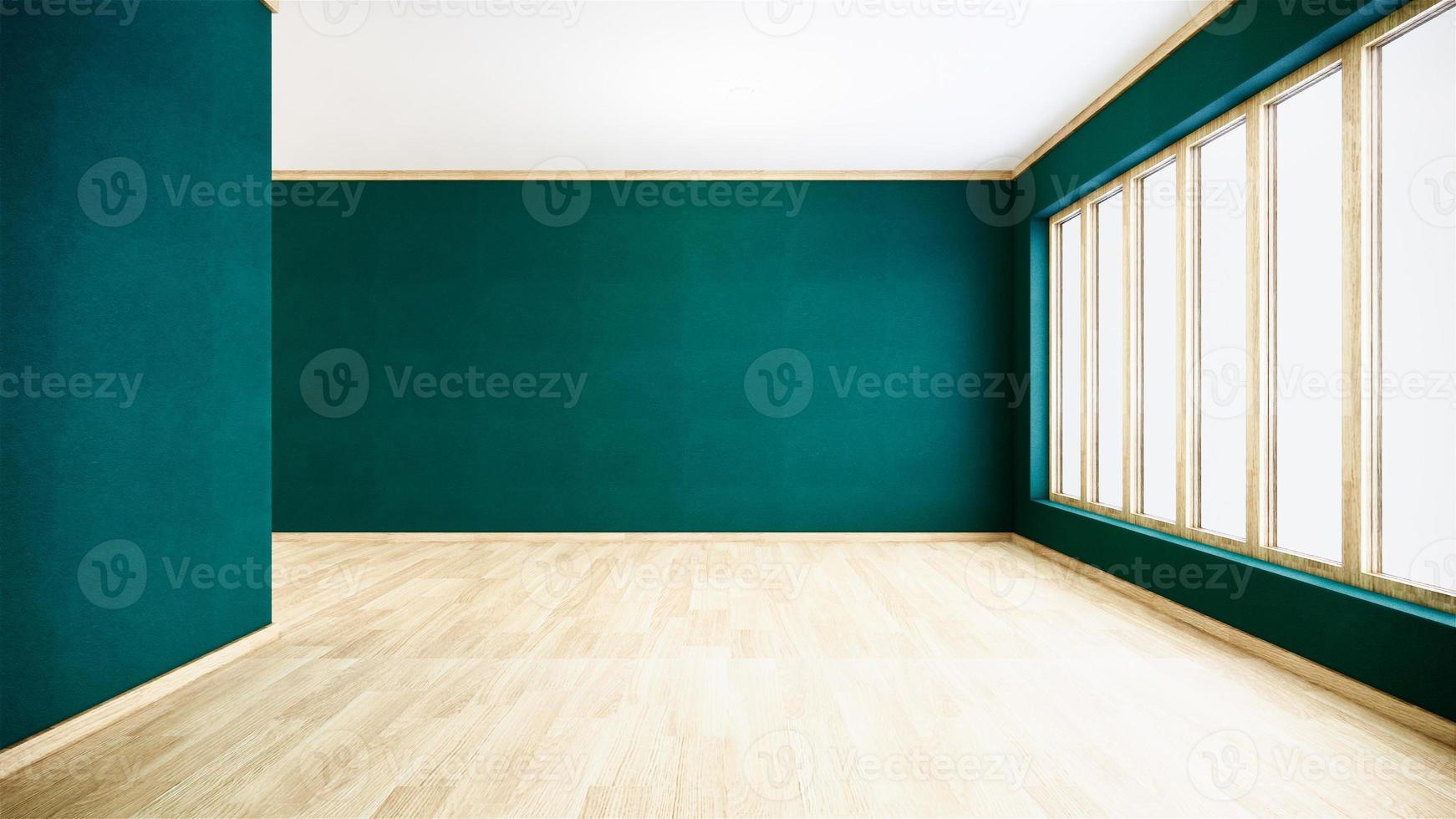 pared verde en el interior del piso de madera. Representación 3d foto