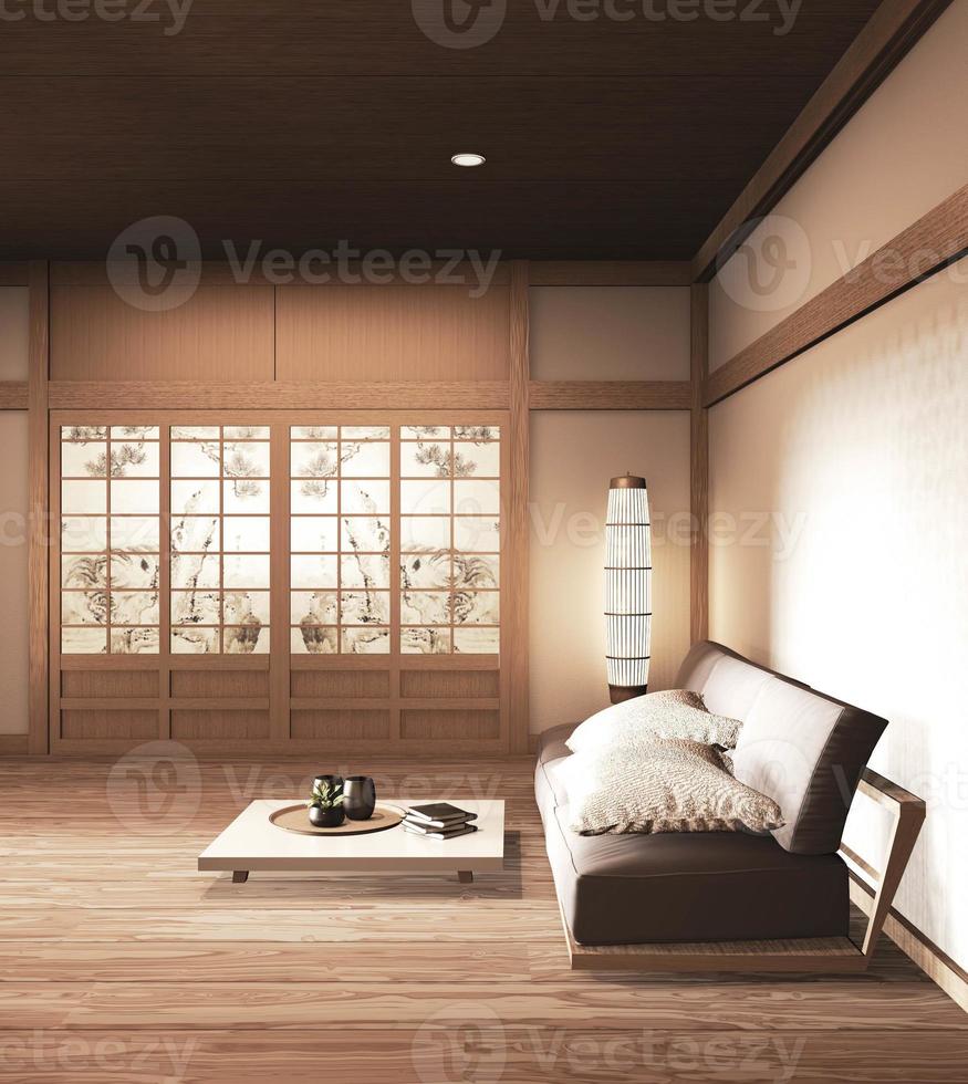 sofa wooden japanese design, on room  japanese wooden floor and decoration lamp and plants vase.3D rendering photo