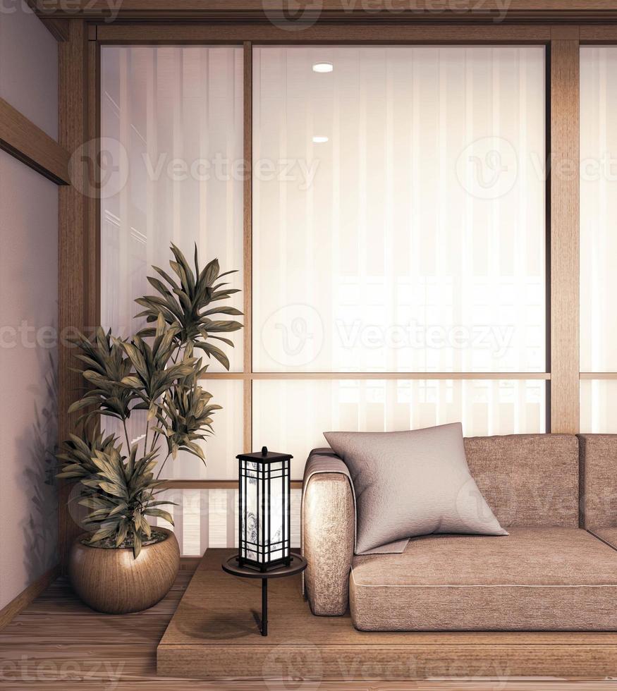 Sofá de diseño japonés de madera, en la habitación, piso de madera japonés y lámpara de decoración y jarrón de plantas. Representación 3D foto