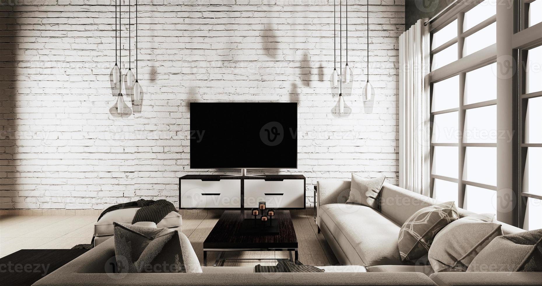 Smart TV en el gabinete en la sala de estar estilo loft con pared de ladrillo blanco sobre piso de madera y sofá sillón. Representación 3D foto