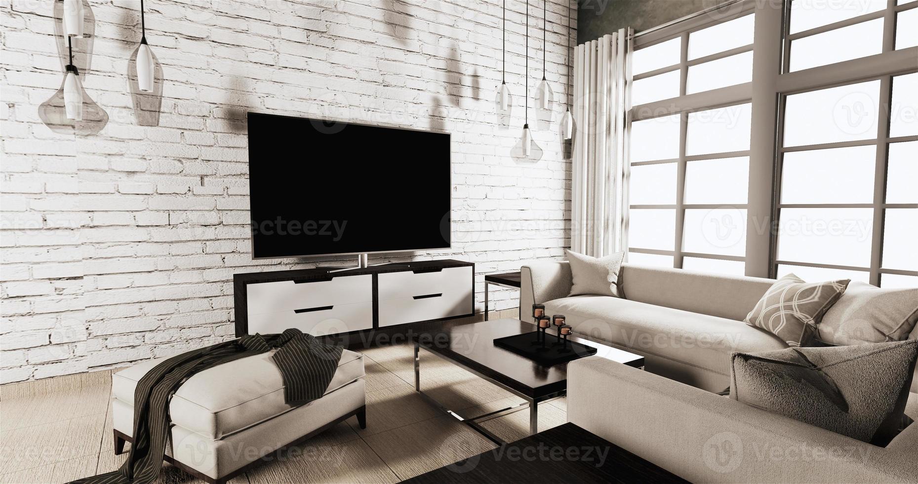 Smart Tv on Cabinet in Living room Loft style with white brick wall on wooden floor and sofa armchair.3D rendering photo