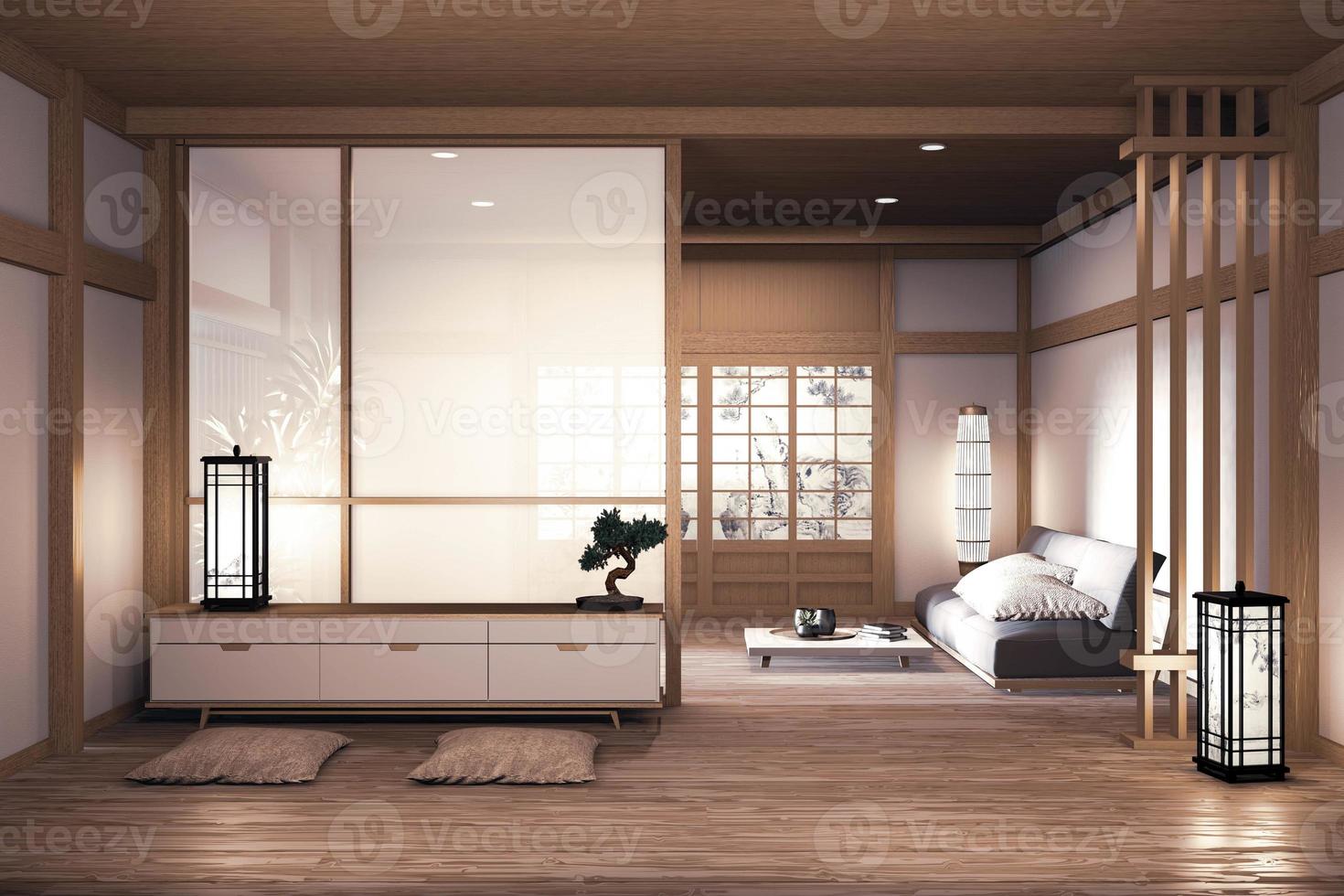 Sofá de diseño japonés de madera, en la habitación, piso de madera japonés y lámpara de decoración y jarrón de plantas. Representación 3D foto