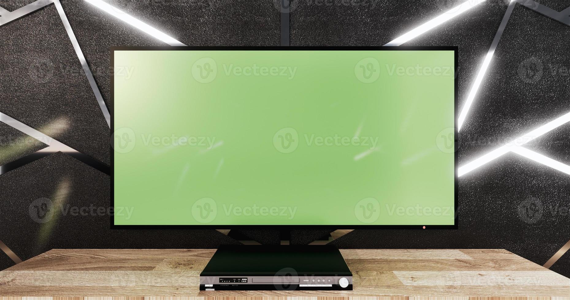aluminum trim siver on black wall design and wooden floor with wooden cabinet and mock up tv.3D rednering photo