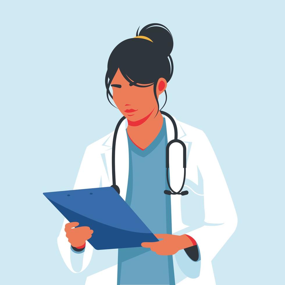 doctor examines the report of the disease. Medical checkup annual doctor health test appointment tiny person concept. Preventive examination. Patient consults hospital specialist. Vector illustration