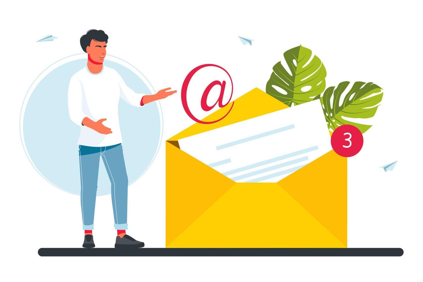 Email concept. A man holds mail. People reading letters, New incoming messages, SMS, spam, mail notification, chatting. A tiny man stands by an incoming envelope with a letter. Vector illustration