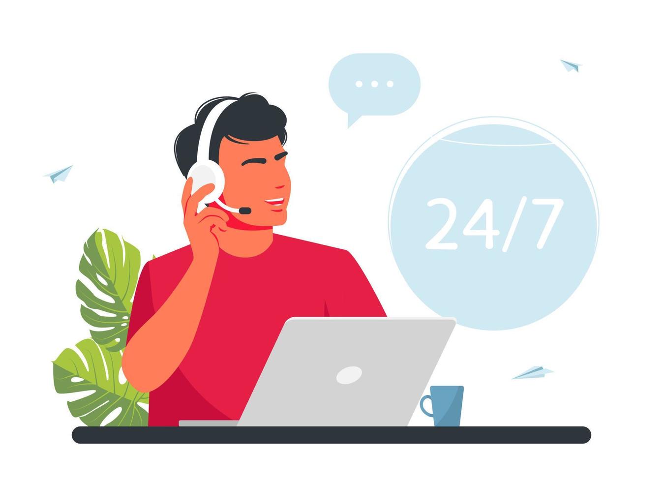 Operator call center. Customer service. Man with headphones, microphone with a laptop. Concept vector illustration for support. hotline operators consult customers with headsets on computers