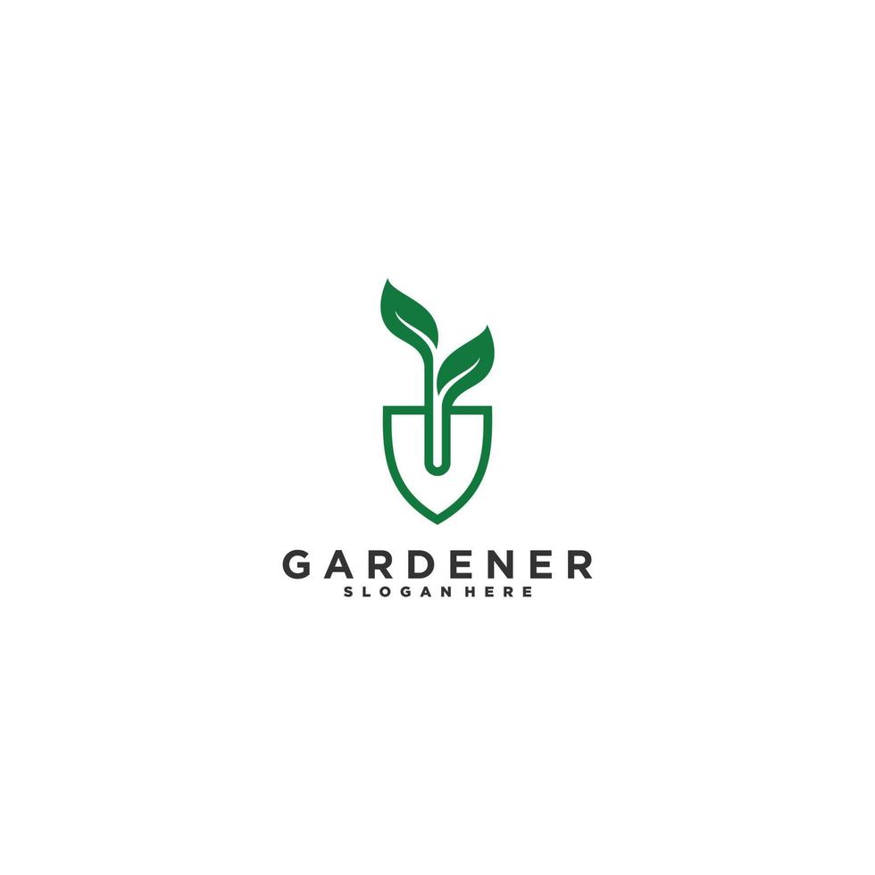 logo para jardinero con pala de tierra y hojas de ilustración vector