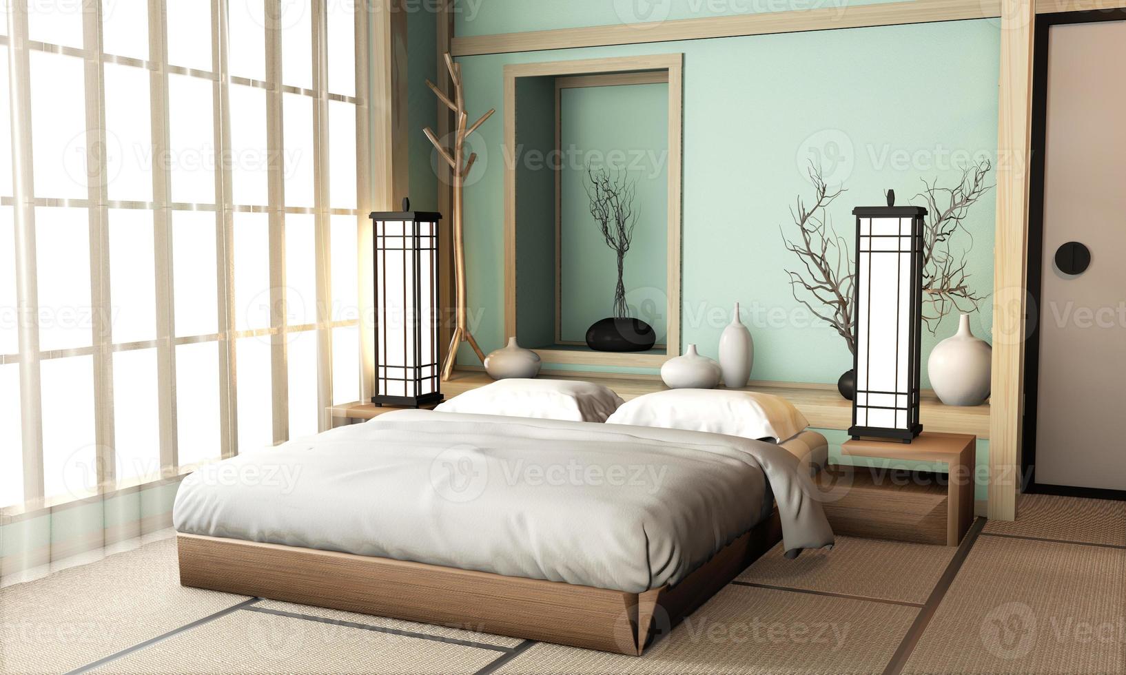 Ryokan habitación de cama azul claro de estilo muy japonés con piso de tatami y decoración. Representación 3D foto