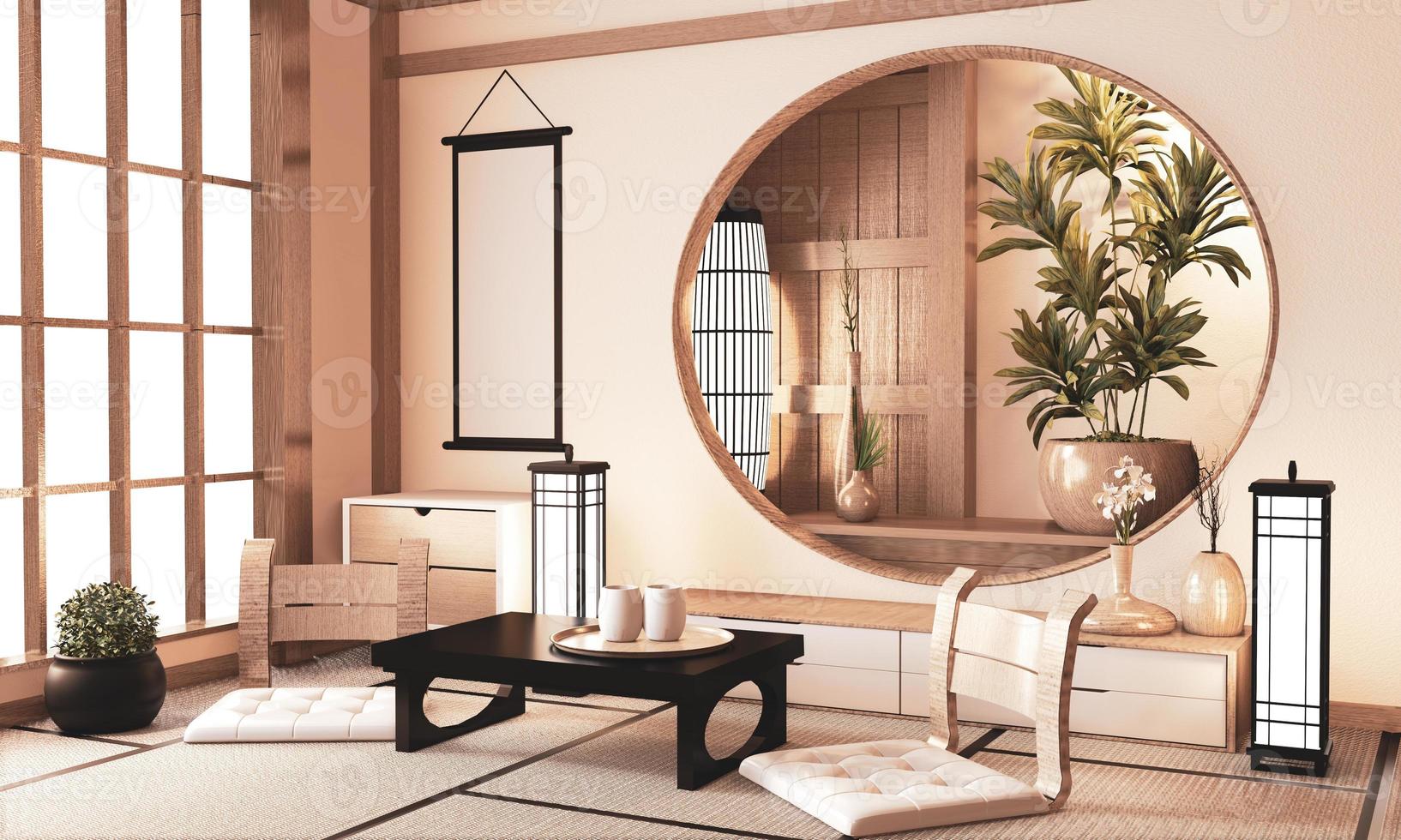 ryokan habitación muy zen con diseño de estante de madera en la pared y piso de tatami, tono de la tierra de la habitación representación 3d foto