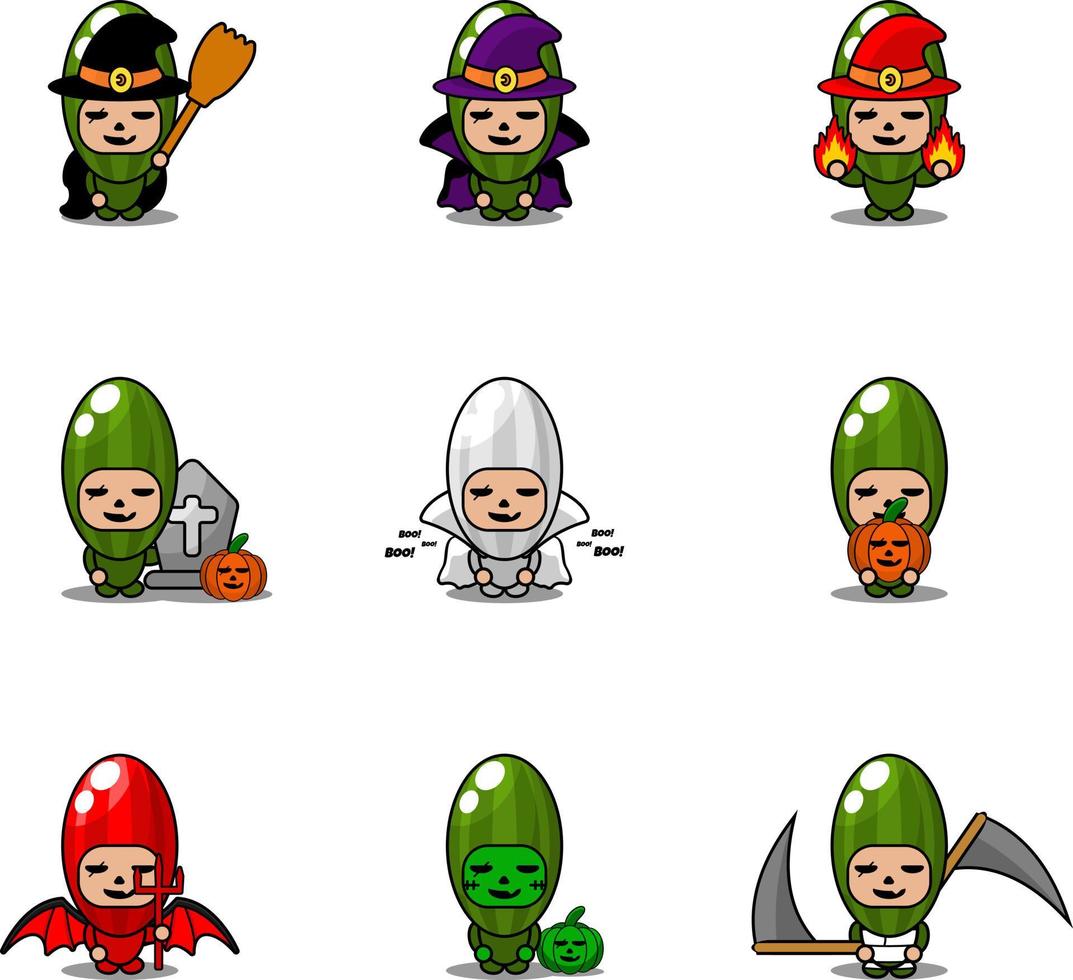 vector de personaje de dibujos animados verduras pepino mascota disfraz de halloween conjunto de paquete