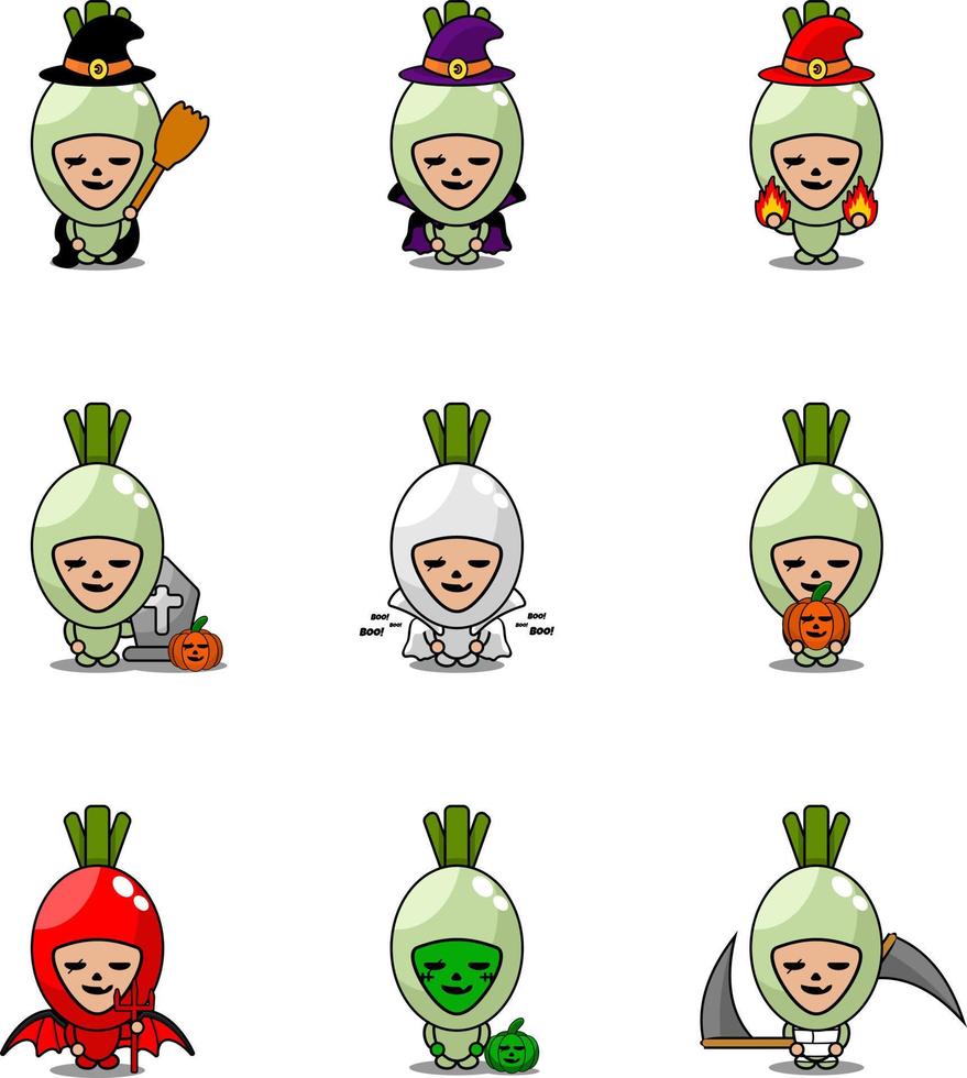 vector personaje de dibujos animados vegetal cebolleta mascota disfraz de halloween conjunto de paquete