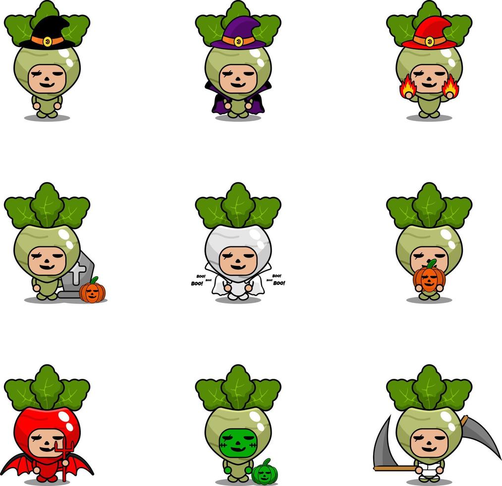 personaje de dibujos animados de vector traje de mascota de colinabo vegetal conjunto de paquete de halloween