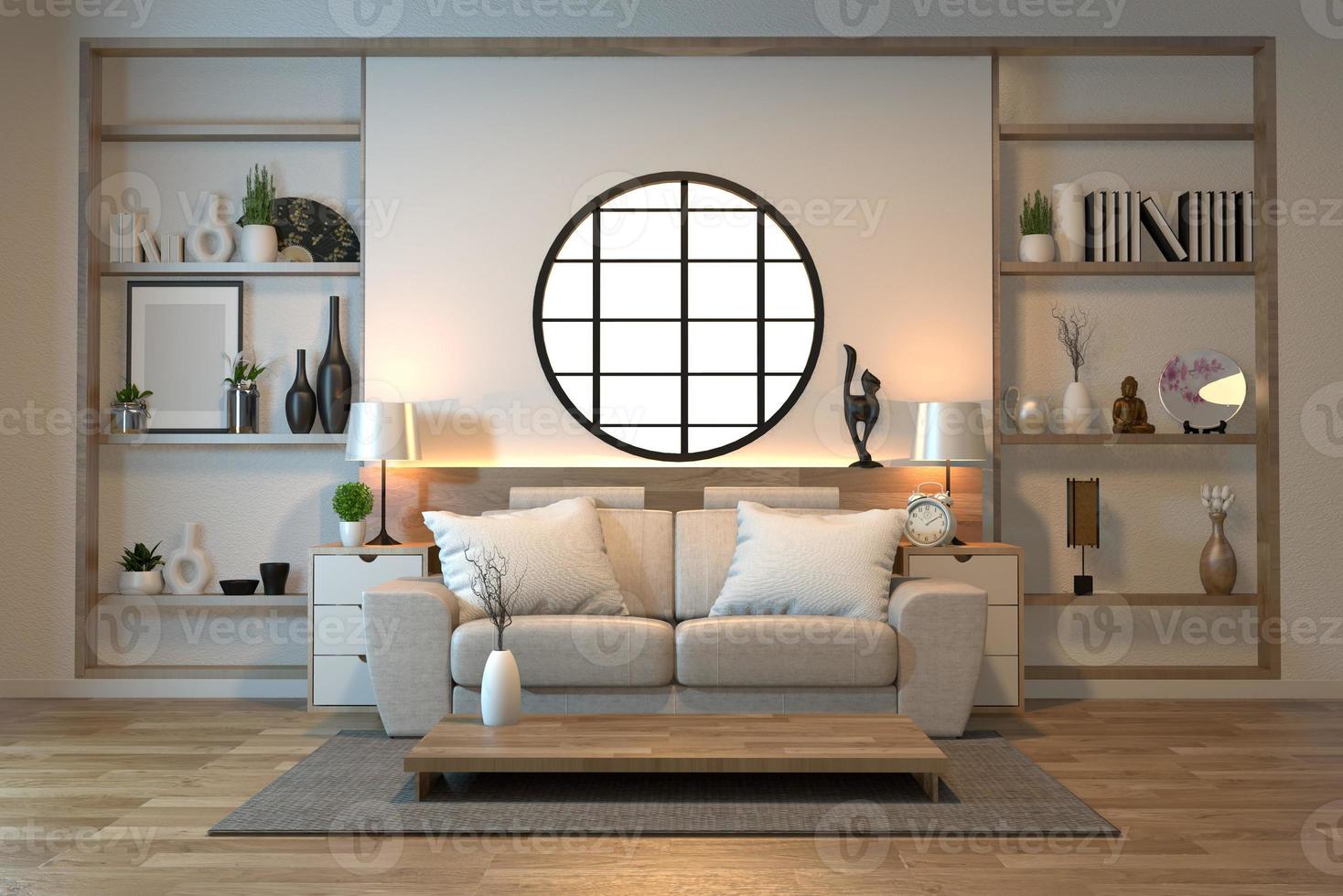 minimal interior design room zen style with sofa, arm chair, low table and decoration japan style design hidden light in shelf wall.3D rendering photo