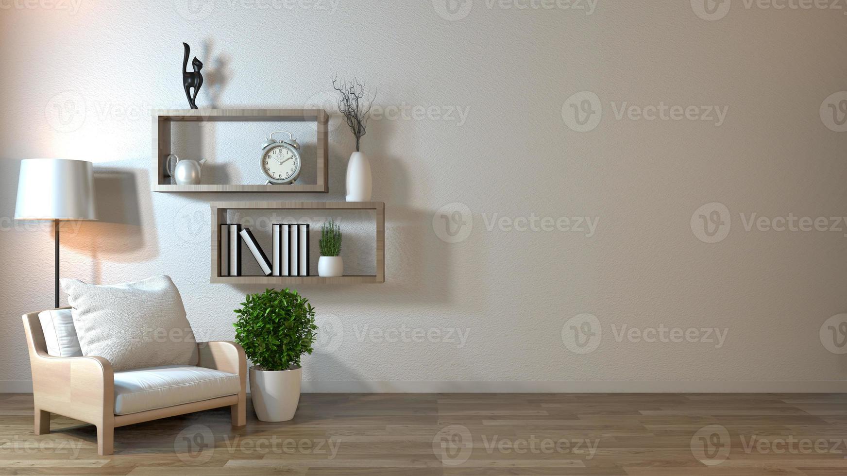 Interior mock up with armchair in japanese living room with empty wall. 3D rendering photo