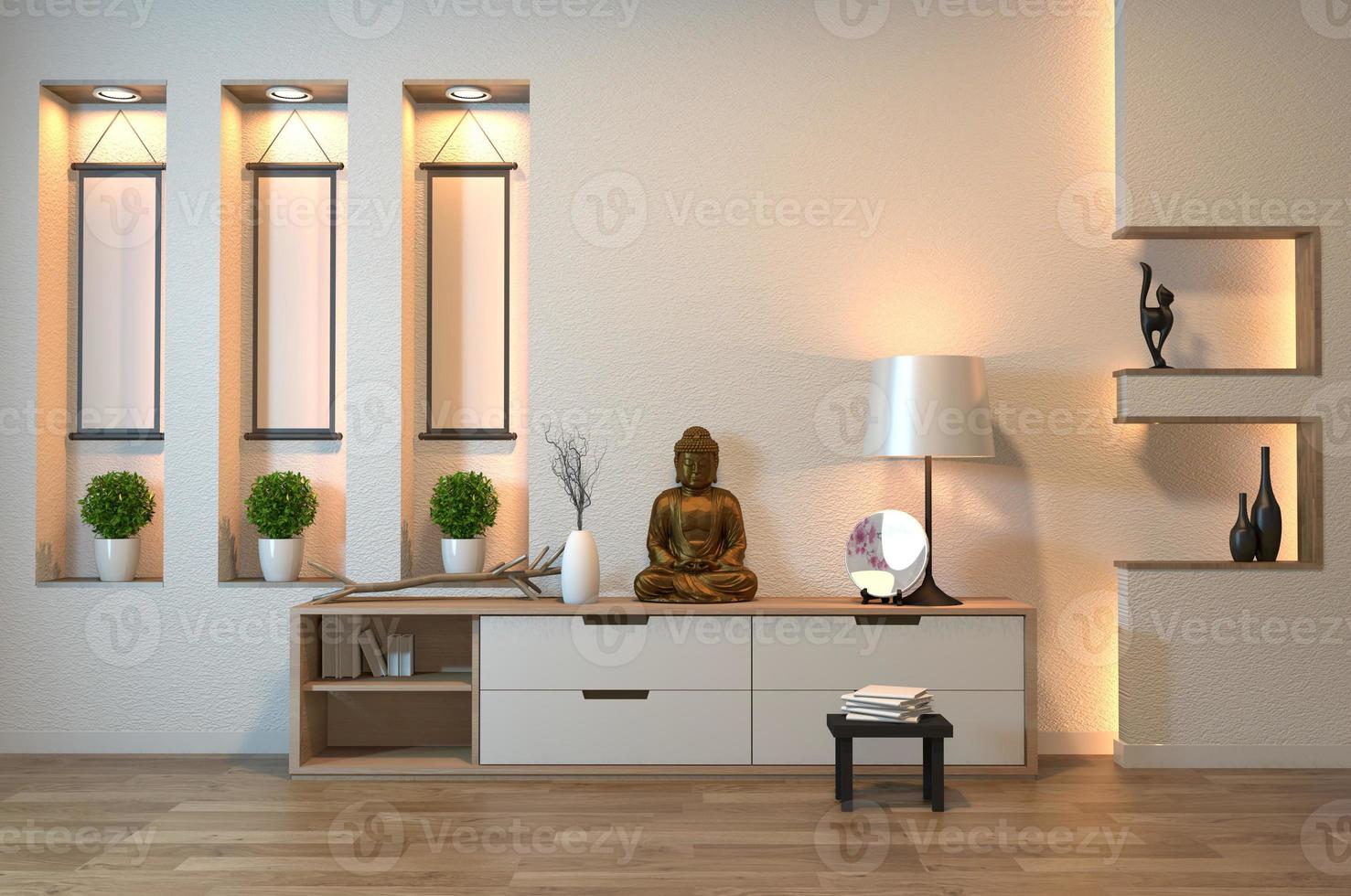 Gabinete de Japón en estilo zen de habitación vacía, decoración de diseño minimalista en el diseño de la pared del estante, luz oculta. Representación 3d foto