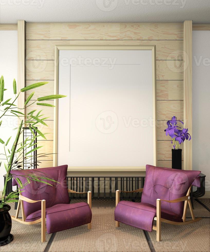 Ryokan mock up poster frame with armchair and decoration on tatami mat floor.3D rendering photo