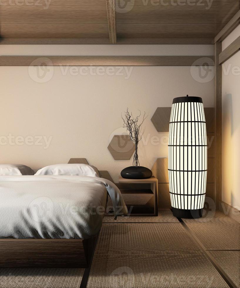 Cama de madera de estilo japonés y lámpara zen sobre tatami diseño de pared de azulejos de madera hexagonal representación 3D foto